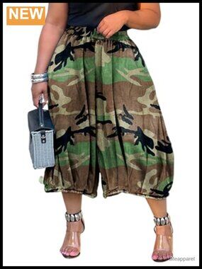 Women Barrel Camo Pants Baggy High Waisted Wide Leg Crop Trousers Army Fatigue